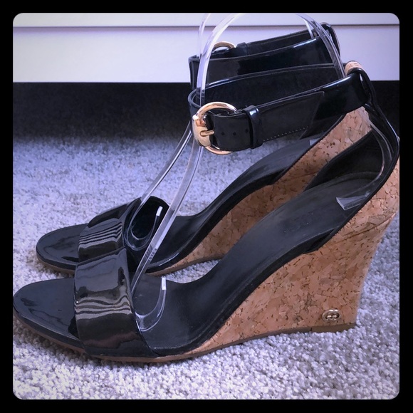Gucci Shoes - Auth Gucci black patent wide strap cork wedges